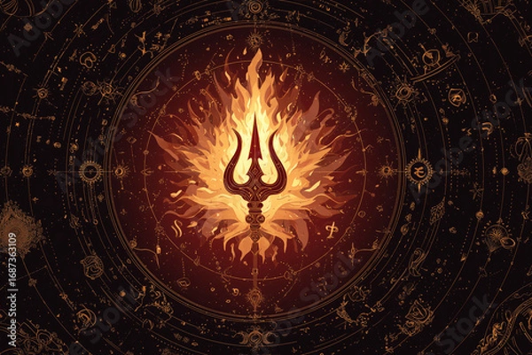 Fototapeta Artistic Trishul with flames and celestial elements for Navratri branding.
