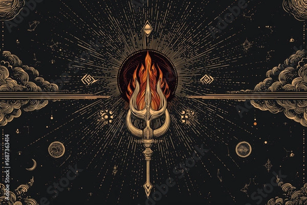 Fototapeta Artistic Trishul with flames and celestial elements for Navratri branding.
