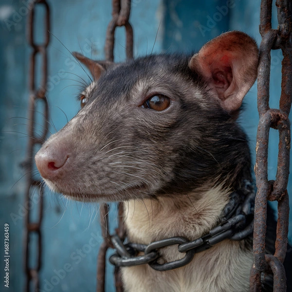 Fototapeta close-up of a chained rat-like animal with intense eyes and a blue background