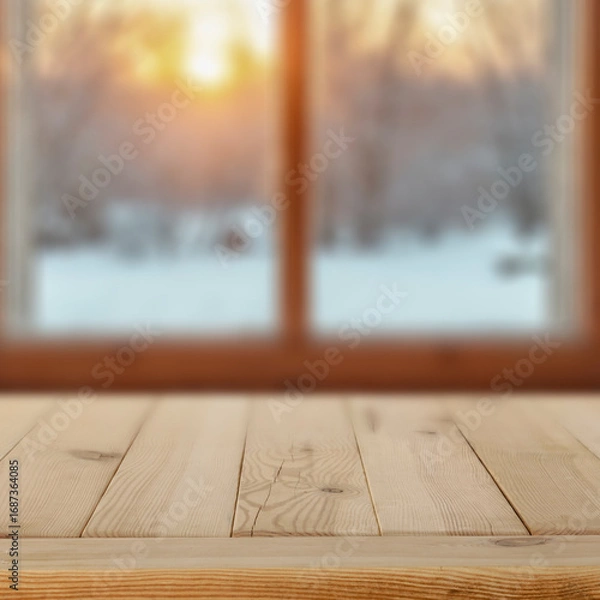Fototapeta Empty wooden table with copy space for product placement and wooden window with winter background outside.