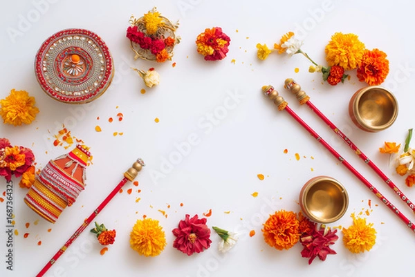 Fototapeta Flat lay of traditional Navratri items with copy space on white background.
