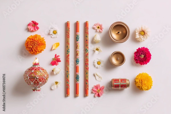 Fototapeta Flat lay of traditional Navratri items with copy space on white background.
