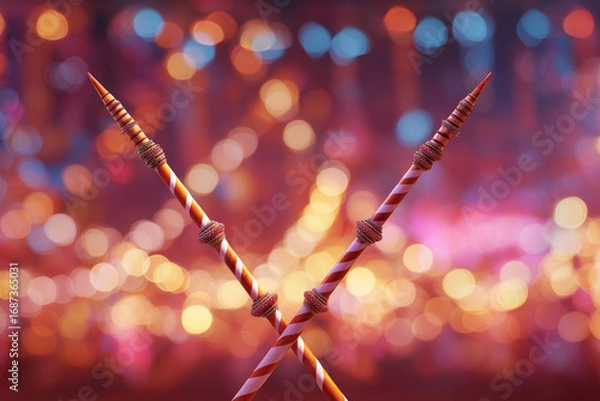 Fototapeta Dandiya sticks crossed in dance with glowing festive background and text space.
