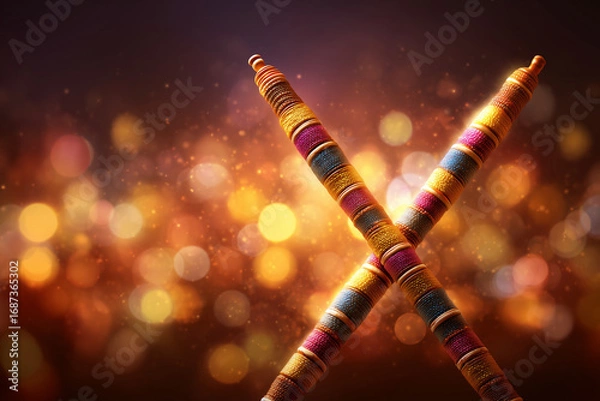 Fototapeta Dandiya sticks crossed in dance with glowing festive background and text space.
