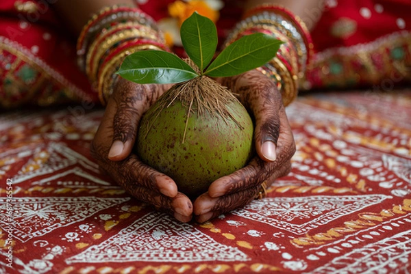 Fototapeta Kalash offering on rangoli during Navratri rituals, symbolic and sacred. 
