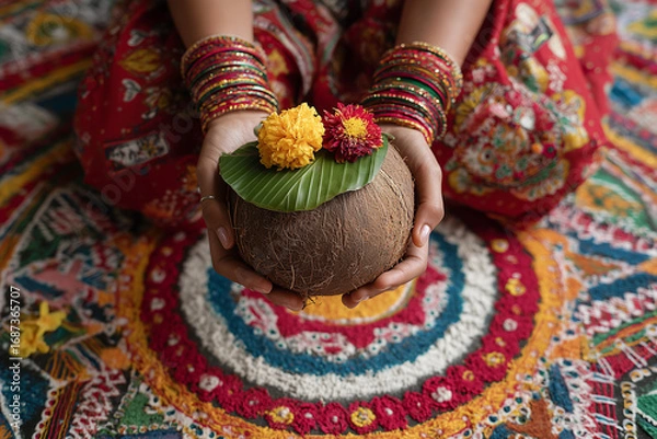 Fototapeta Kalash offering on rangoli during Navratri rituals, symbolic and sacred. 
