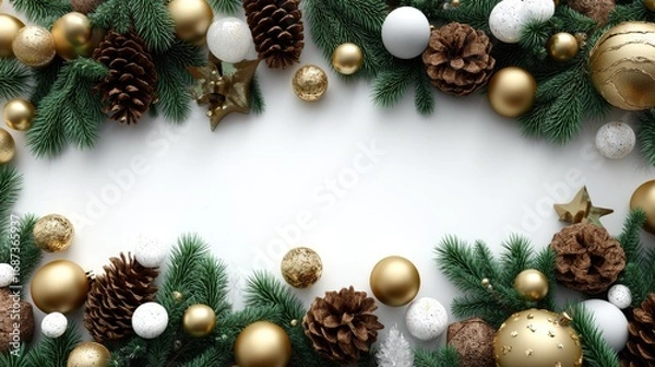 Fototapeta Thoughtfully wrapped gifts adorned with twine and pinecones sit on a table, showcasing a cozy, natural decor style