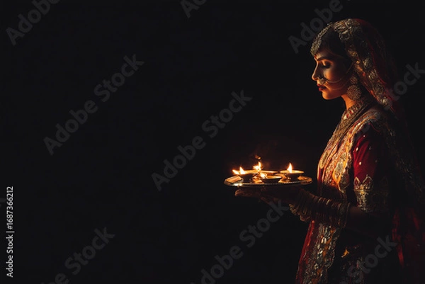 Fototapeta Woman performing Aarti with thali during Navratri, glowing flames and text space. 
