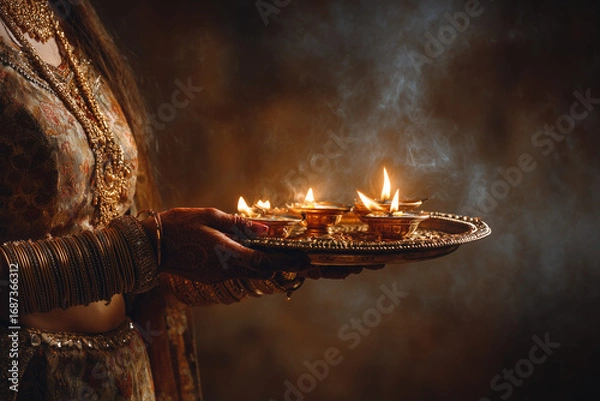 Fototapeta Woman performing Aarti with thali during Navratri, glowing flames and text space. 
