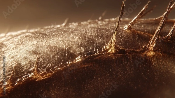 Fototapeta Intricate detail of a plant stem surface featuring thorny protrusions and textured skin with gold