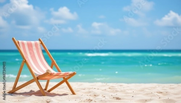 Fototapeta create a photo friendly image featuring a beach chair with a straw hat on top of it