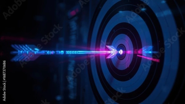 Fototapeta A luminous arrow pierces the bullseye on a dark , symbolizing success and achievement in a futuristic and technologically advanced environment design.