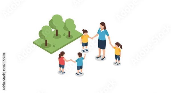 Fototapeta Isometric teacher and children holding hands in nature with trees on grass