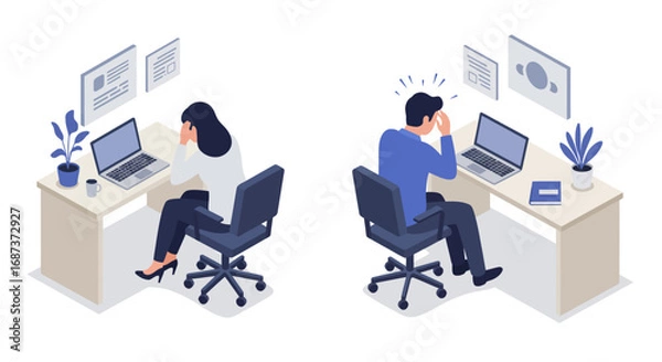 Fototapeta Isometric office workers in stressful situations at desks with laptops and papers