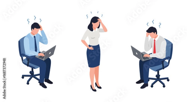 Fototapeta Office stress and problem solving with frustrated business team in modern flat design