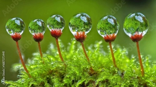 Fototapeta Captivating dew drops on moss sporophytes exhibit nature's intricate beauty and reflection