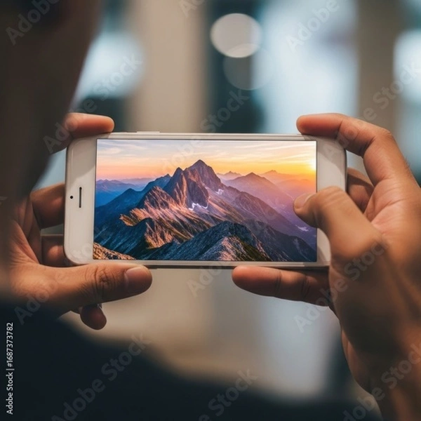 Fototapeta A close-up shot of a person's hands holding and interacting with a smartphone, with a focus on actions like swiping, typing, and the user interface