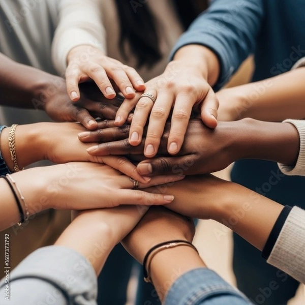 Fototapeta Diverse group of people stacking hands together, symbolizing teamwork and collaboration.