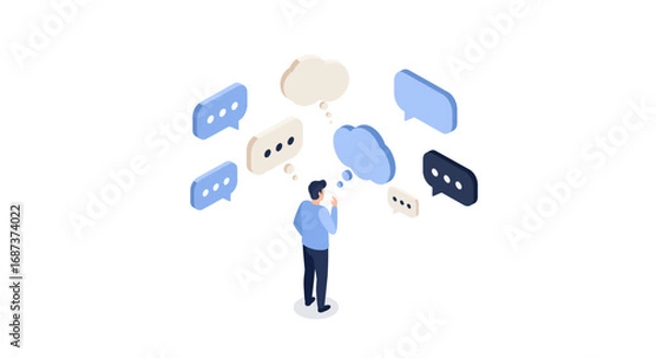 Fototapeta Man contemplating communication in a modern isometric design