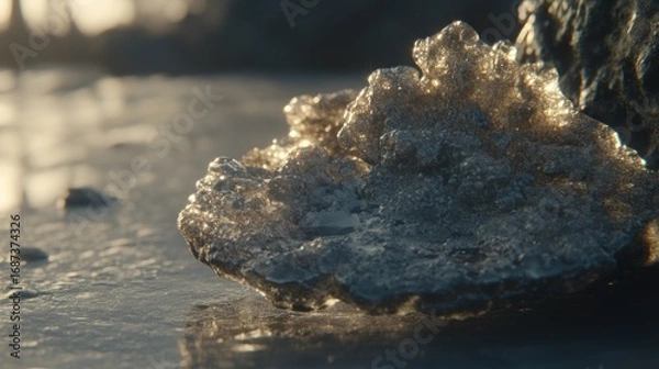 Fototapeta Close-up of a shimmering rock formation on a reflective surface highlighting texture and light,