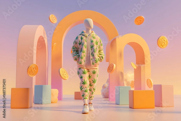 Fototapeta mannequin in cannabis tracksuit with floating crypto coins and pastel arches