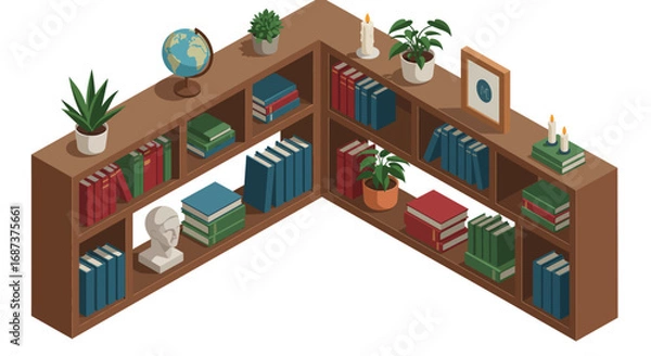 Fototapeta Modern isometric bookshelf with plants and decor elements