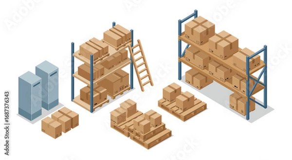 Fototapeta Warehouse storage solutions with boxes and racks in isometric style