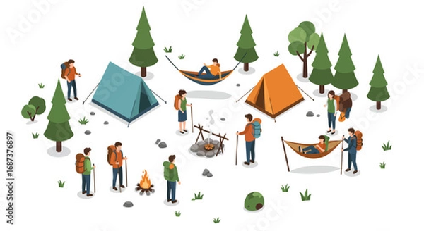 Fototapeta Isometric camping scene with tents and campers in forest setting
