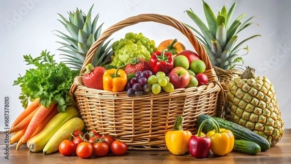 Obraz Abundant Harvest Wicker Basket Overflowing with Fresh Fruits and Vegetables Still Life