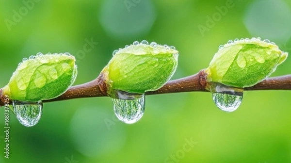 Fototapeta Close-up view of tree buds with water drops in a vibrant green nature background showcasing spring