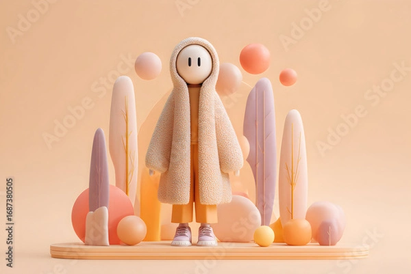 Fototapeta minimal faceless character in long sherpa coat surrounded by pastel trees and floating spheres