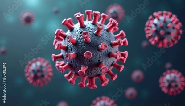 Fototapeta 3D rendering of coronavirus particles under microscope with red spikes  
