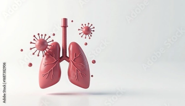 Fototapeta Red lungs with virus particles in a minimal abstract style  