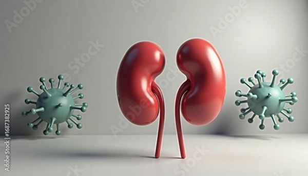 Fototapeta Conceptual rendering of human kidneys with virus cells around  