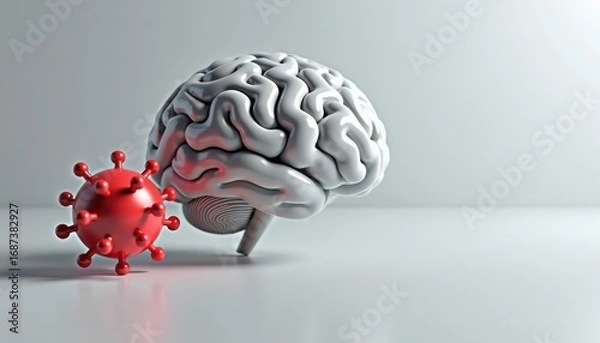 Fototapeta 3D render of brain and virus model illustrating infection concept  