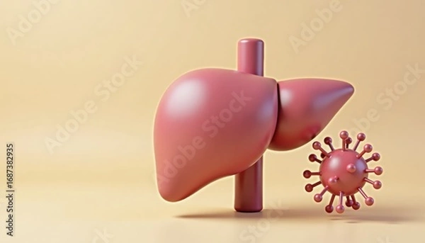 Fototapeta Liver and virus illustration in 3D style on neutral background  