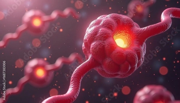 Fototapeta Red human cells with filamentous structures on dark background  