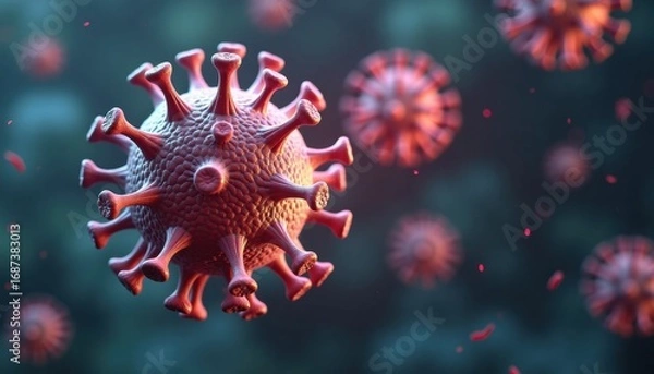 Fototapeta 3D illustration of coronavirus particles in abstract background  