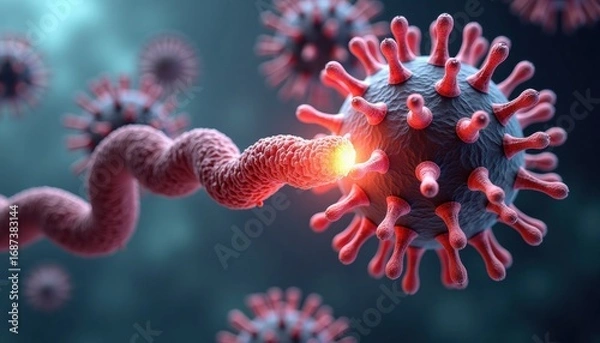 Fototapeta Virus structure with protein spikes and DNA strands in blue background  