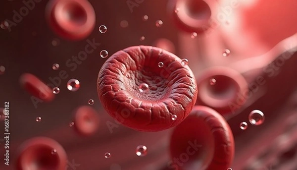 Fototapeta Red blood cells circulating in bloodstream with oxygen bubbles  