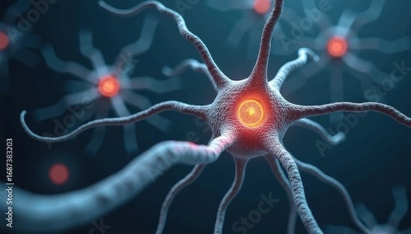 Fototapeta Neurons with glowing synapses connected in dark background  