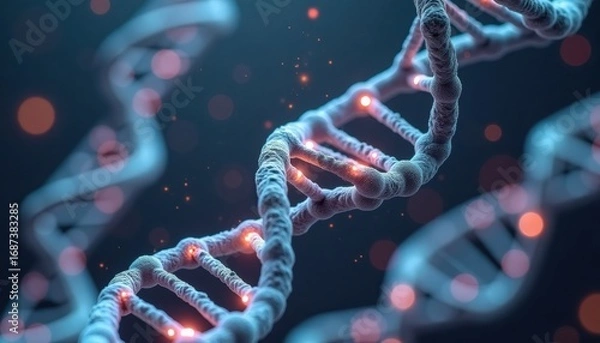 Fototapeta Molecular structure of DNA with glowing elements in dark background  