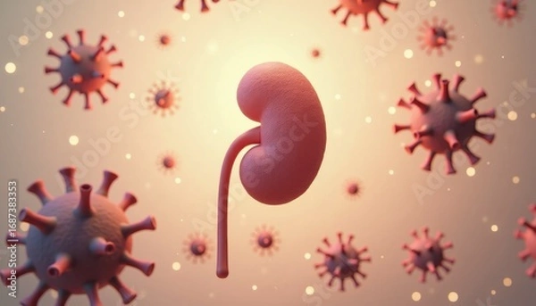Fototapeta Kidney model surrounded by virus particles in abstract background  