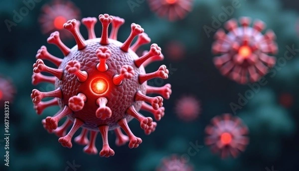 Fototapeta Detailed illustration of virus cells with red spikes on dark background  