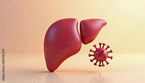 Fototapeta 3D rendering of human liver and virus on pastel background  