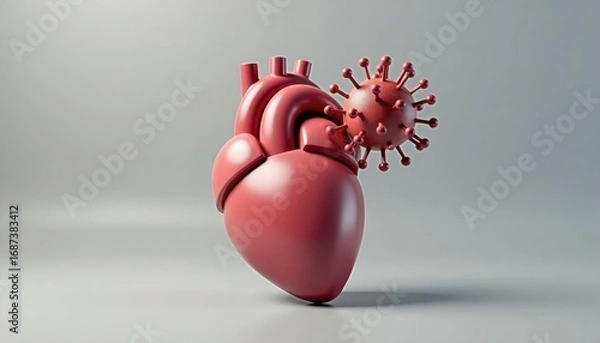 Fototapeta Red heart model with virus representation on grey background  