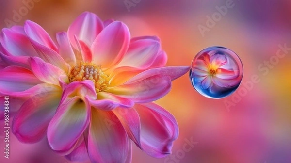 Fototapeta A Vibrant Dahlia Bloom Reflecting Beauty in a Water Droplet on a Soft Background