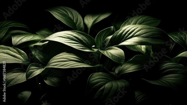 Fototapeta Dramatic close-up of vibrant green leaves against a dark backdrop creates a mysterious atmosphere