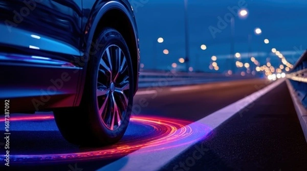 Fototapeta A sleek car wheel illuminated by vibrant lights on an urban highway at night, showcasing modern design