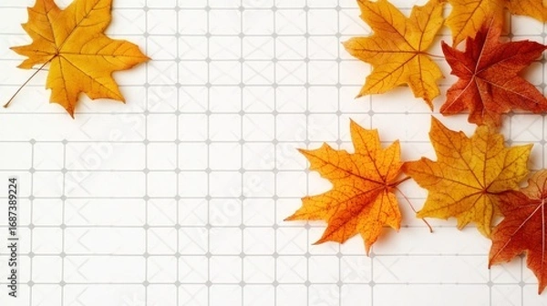 Fototapeta Autumn leaves on a white tile background create a serene and welcoming fall season vibe